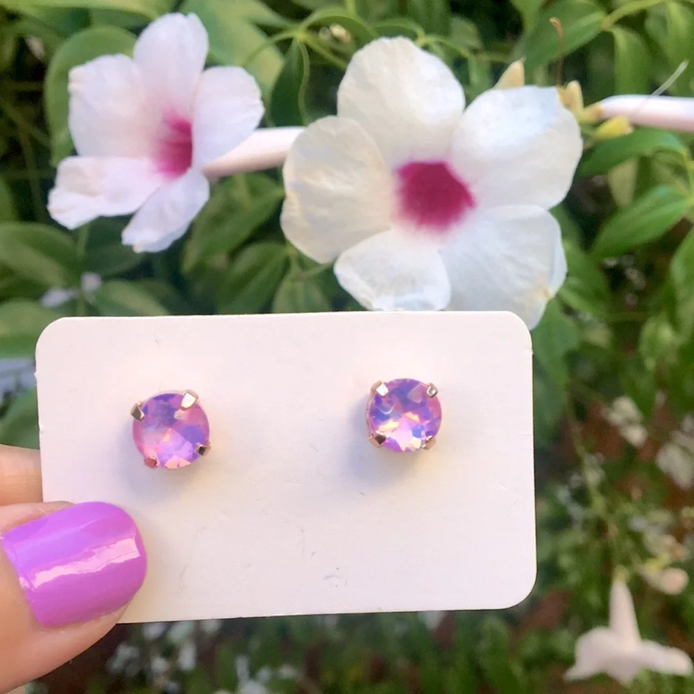 Pink-Purple Opal Aurora Borealis + Rose Gold Crystal Earrings